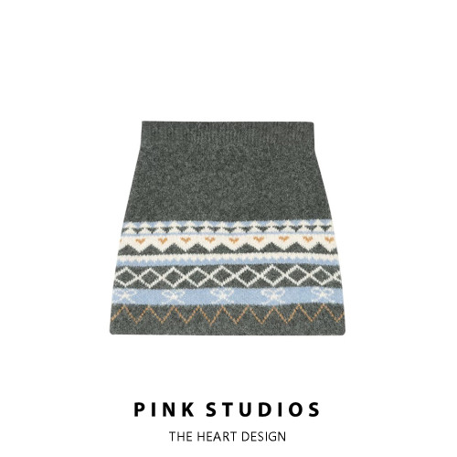 灰色提花針織半身裙女秋冬費爾島復古慵懶松緊腰顯瘦a字直筒短裙