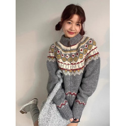 灰色費爾島高領毛衣女秋冬季2025新款爆款復古慵懶風針織開衫外套