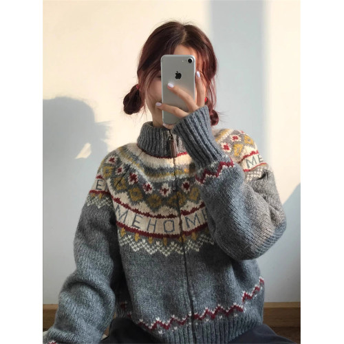 灰色費爾島高領毛衣女秋冬季2025新款爆款復古慵懶風針織開衫外套