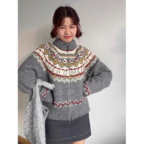 灰色費爾島高領毛衣女秋冬季2025新款爆款復古慵懶風針織開衫外套