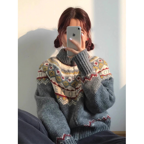 灰色費爾島高領毛衣女秋冬季2025新款爆款復古慵懶風針織開衫外套