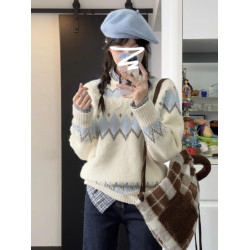 費爾島慵懶風套頭白色毛衣女春春秋2025新款深秋初冬韓系針織上衣