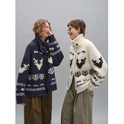 費爾島藏青色高領毛衣外套女冬季寬松北歐風聖誕翻領針織開衫秋冬