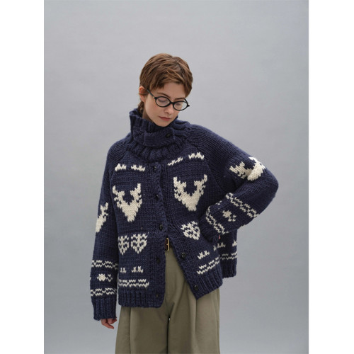 費爾島藏青色高領毛衣外套女冬季寬松北歐風聖誕翻領針織開衫秋冬 費爾島藏青色高領毛衣外套女冬季寬松北歐風聖誕翻領針織開衫秋冬