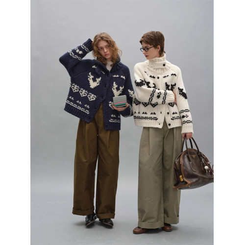 費爾島藏青色高領毛衣外套女冬季寬松北歐風聖誕翻領針織開衫秋冬 費爾島藏青色高領毛衣外套女冬季寬松北歐風聖誕翻領針織開衫秋冬