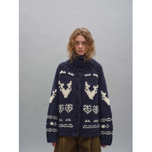 費爾島藏青色高領毛衣外套女冬季寬松北歐風聖誕翻領針織開衫秋冬 費爾島藏青色高領毛衣外套女冬季寬松北歐風聖誕翻領針織開衫秋冬