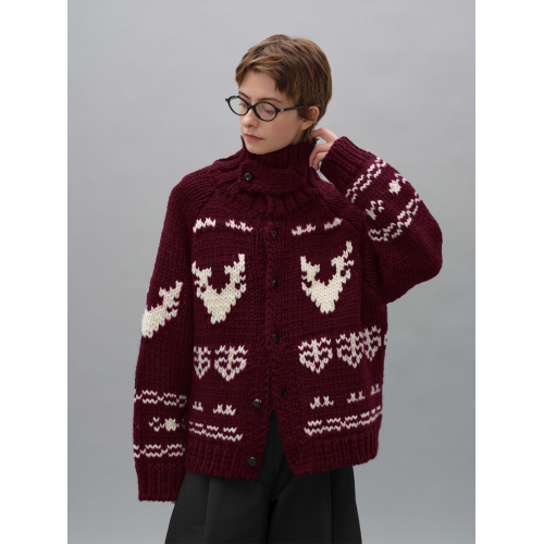 費爾島藏青色高領毛衣外套女冬季寬松北歐風聖誕翻領針織開衫秋冬 費爾島藏青色高領毛衣外套女冬季寬松北歐風聖誕翻領針織開衫秋冬