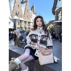 復古高領費爾島花紋理撞色針織開衫毛衣女翻領紐釦圈圈紗慵懶外套