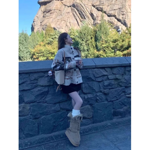 復古高領費爾島花紋理撞色針織開衫毛衣女翻領紐釦圈圈紗慵懶外套