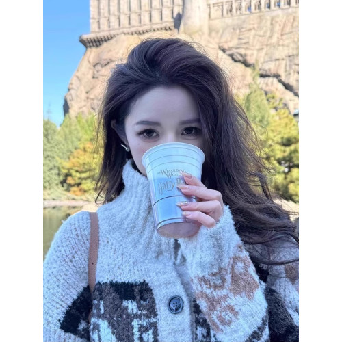 復古高領費爾島花紋理撞色針織開衫毛衣女翻領紐釦圈圈紗慵懶外套