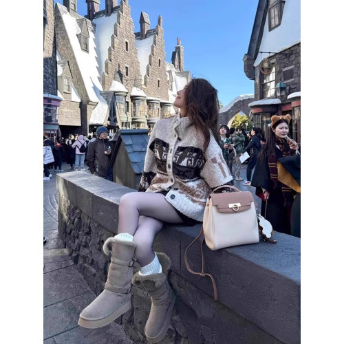 復古高領費爾島花紋理撞色針織開衫毛衣女翻領紐釦圈圈紗慵懶外套