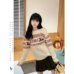 復古軟糯費爾島新年紅白色聖誕提花設計感毛衣女慵懶寬松針織上衣