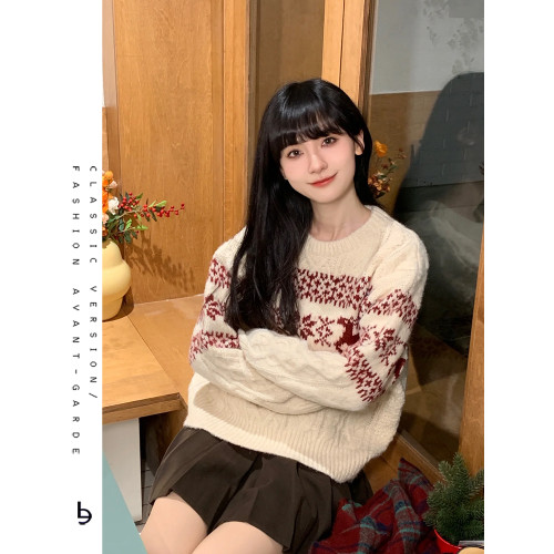 復古軟糯費爾島新年紅白色聖誕提花設計感毛衣女慵懶寬松針織上衣 復古軟糯費爾島新年紅白色聖誕提花設計感毛衣女慵懶寬松針織上衣