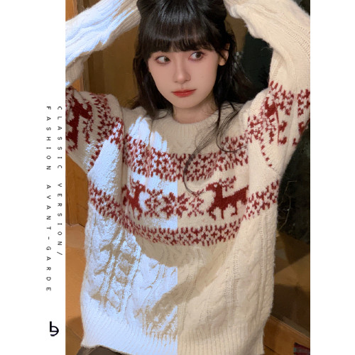 復古軟糯費爾島新年紅白色聖誕提花設計感毛衣女慵懶寬松針織上衣 復古軟糯費爾島新年紅白色聖誕提花設計感毛衣女慵懶寬松針織上衣