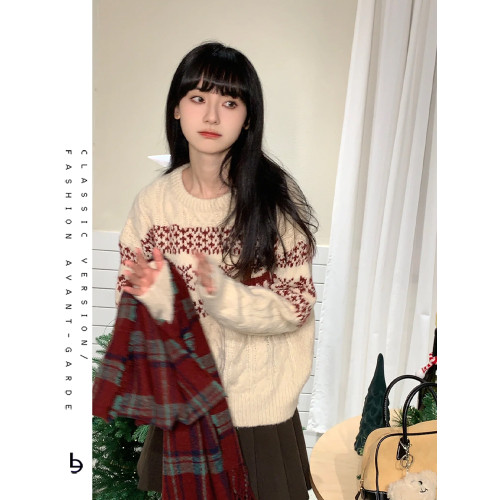 復古軟糯費爾島新年紅白色聖誕提花設計感毛衣女慵懶寬松針織上衣 復古軟糯費爾島新年紅白色聖誕提花設計感毛衣女慵懶寬松針織上衣