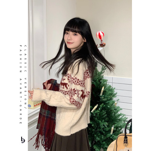 復古軟糯費爾島新年紅白色聖誕提花設計感毛衣女慵懶寬松針織上衣 復古軟糯費爾島新年紅白色聖誕提花設計感毛衣女慵懶寬松針織上衣