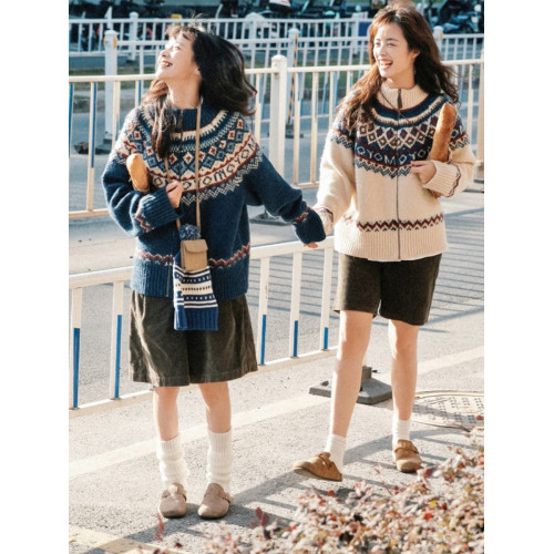 日系慵懶學院風高領毛衣外套女秋冬費爾島氛圍感穿搭顯白針織開衫 日系慵懶學院風高領毛衣外套女秋冬費爾島氛圍感穿搭顯白針織開衫