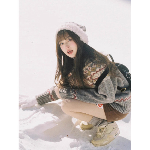 灰色費爾島軟糯毛衣女2025新款秋冬季復古慵懶風高領針織開衫外套 灰色費爾島軟糯毛衣女2025新款秋冬季復古慵懶風高領針織開衫外套