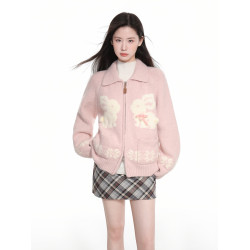 粉色費爾島雙拉鍊翻領針織毛衣外套女秋冬慵懶風加厚開衫上衣冬季