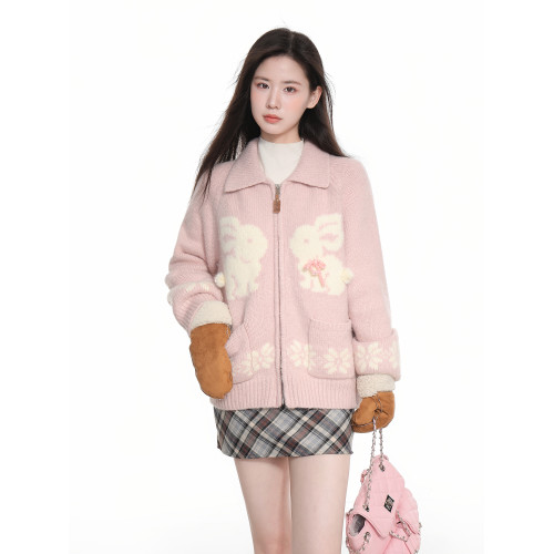 粉色費爾島雙拉鍊翻領針織毛衣外套女秋冬慵懶風加厚開衫上衣冬季 粉色費爾島雙拉鍊翻領針織毛衣外套女秋冬慵懶風加厚開衫上衣冬季