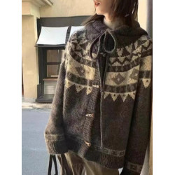 2025春秋新款費爾島古著羊駝毛牛角釦開衫毛衣女加厚外套冬季寬松