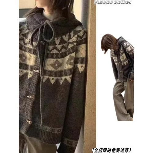2025春秋新款費爾島古著羊駝毛牛角釦開衫毛衣女加厚外套冬季寬松