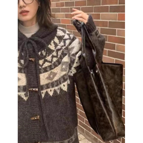 2025春秋新款費爾島古著羊駝毛牛角釦開衫毛衣女加厚外套冬季寬松