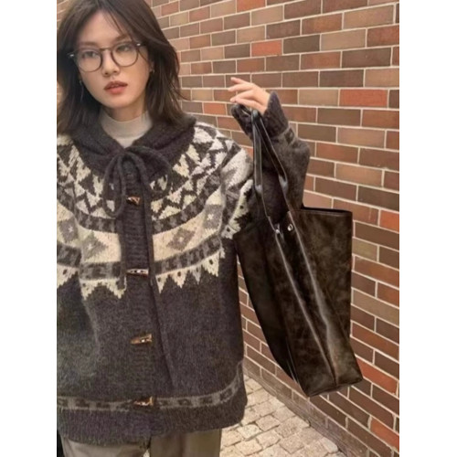 2025春秋新款費爾島古著羊駝毛牛角釦開衫毛衣女加厚外套冬季寬松