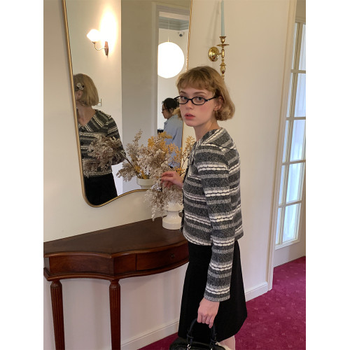 silvernorthlake銀湖 秋冬復古費爾島娃娃領開衫條紋針織短款外套