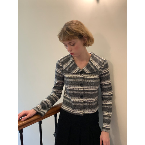 silvernorthlake銀湖 秋冬復古費爾島娃娃領開衫條紋針織短款外套