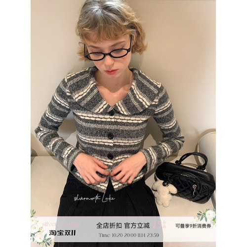 silvernorthlake銀湖 秋冬復古費爾島娃娃領開衫條紋針織短款外套