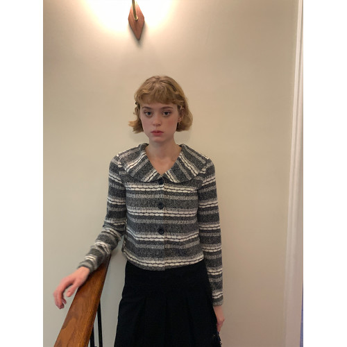 silvernorthlake銀湖 秋冬復古費爾島娃娃領開衫條紋針織短款外套