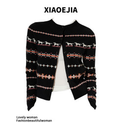 XIAOEJIA秋冬新款小狗羊毛衫開衫短款費爾島針織毛衣外套女