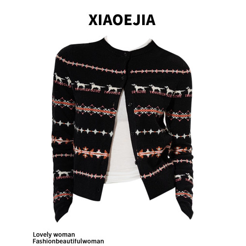 XIAOEJIA秋冬新款小狗羊毛衫開衫短款費爾島針織毛衣外套女 XIAOEJIA秋冬新款小狗羊毛衫開衫短款費爾島針織毛衣外套女