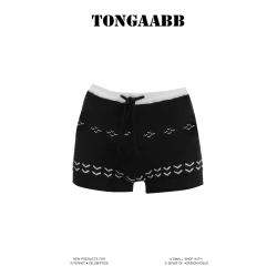 TONGAABB美式辣妹費爾島針織提花短褲女冬百搭修身顯瘦毛線休閒褲