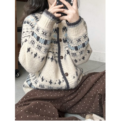 PPHOME復古提花圓領針織開衫女秋冬加厚單排釦寬松費爾島毛衣外套