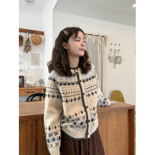 PPHOME復古提花圓領針織開衫女秋冬加厚單排釦寬松費爾島毛衣外套 PPHOME復古提花圓領針織開衫女秋冬加厚單排釦寬松費爾島毛衣外套