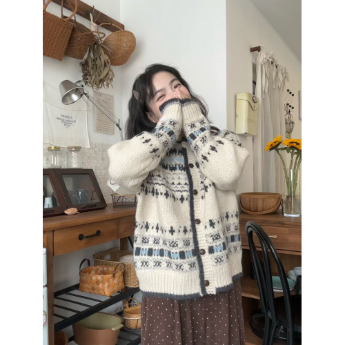 PPHOME復古提花圓領針織開衫女秋冬加厚單排釦寬松費爾島毛衣外套 PPHOME復古提花圓領針織開衫女秋冬加厚單排釦寬松費爾島毛衣外套