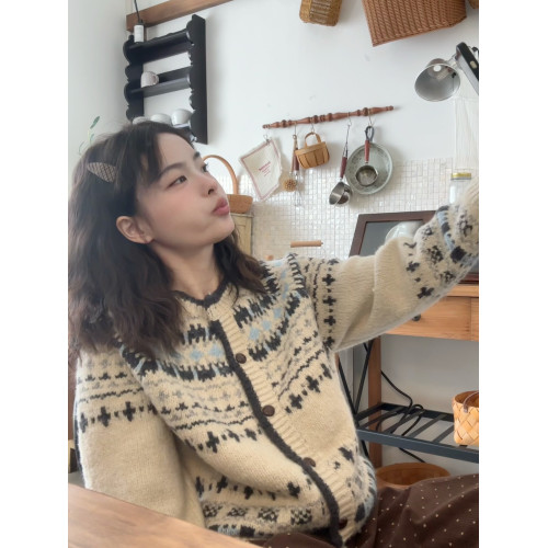 PPHOME復古提花圓領針織開衫女秋冬加厚單排釦寬松費爾島毛衣外套 PPHOME復古提花圓領針織開衫女秋冬加厚單排釦寬松費爾島毛衣外套