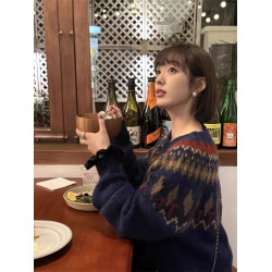 灰色費爾島針織馬海毛提花毛衣女秋冬季聖誕韓系穿搭寬松慵懶上衣