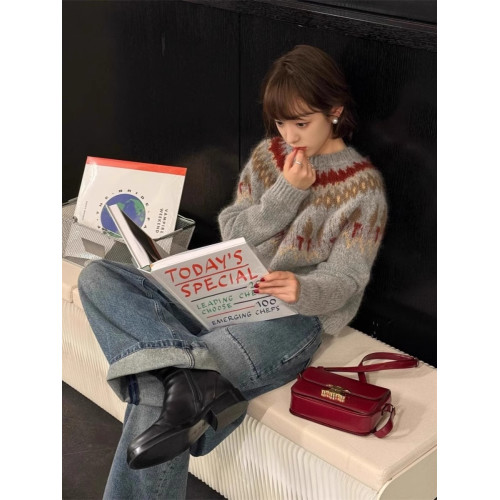 灰色費爾島針織馬海毛提花毛衣女秋冬季聖誕韓系穿搭寬松慵懶上衣 灰色費爾島針織馬海毛提花毛衣女秋冬季聖誕韓系穿搭寬松慵懶上衣