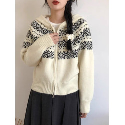 連帽針織開衫女2025秋冬新款費爾島聖誕復古提花寬松高級感毛衣女