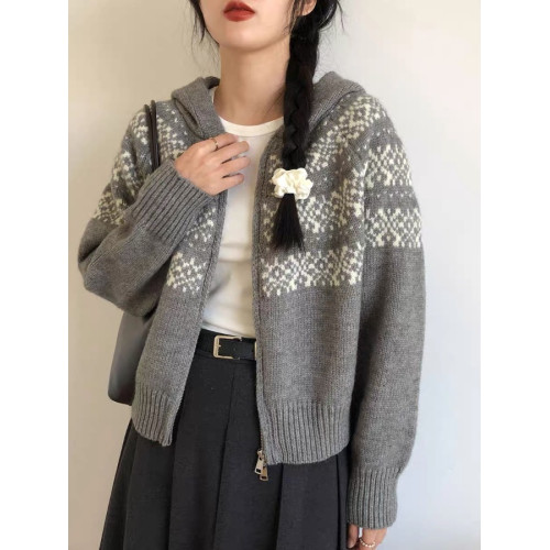 連帽針織開衫女2025秋冬新款費爾島聖誕復古提花寬松高級感毛衣女 連帽針織開衫女2025秋冬新款費爾島聖誕復古提花寬松高級感毛衣女