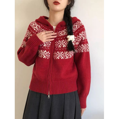 連帽針織開衫女2025秋冬新款費爾島聖誕復古提花寬松高級感毛衣女 連帽針織開衫女2025秋冬新款費爾島聖誕復古提花寬松高級感毛衣女