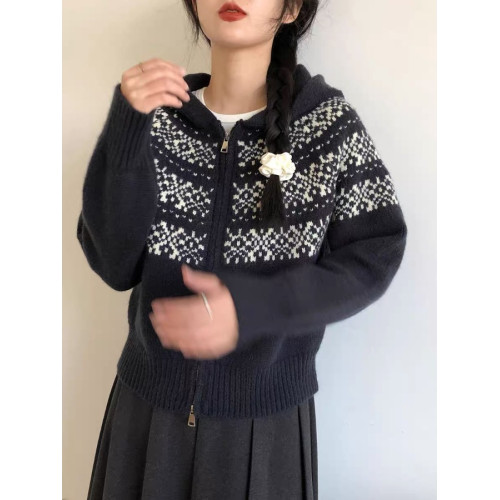 連帽針織開衫女2025秋冬新款費爾島聖誕復古提花寬松高級感毛衣女 連帽針織開衫女2025秋冬新款費爾島聖誕復古提花寬松高級感毛衣女