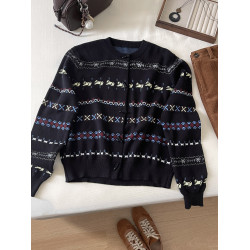 古著感~北歐復古可愛蝴蝶小狗提花費爾島毛衣外套牛角釦針織開衫