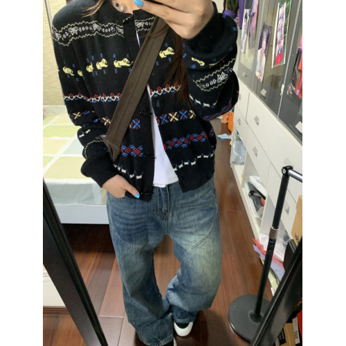 古著感~北歐復古可愛蝴蝶小狗提花費爾島毛衣外套牛角釦針織開衫 古著感~北歐復古可愛蝴蝶小狗提花費爾島毛衣外套牛角釦針織開衫