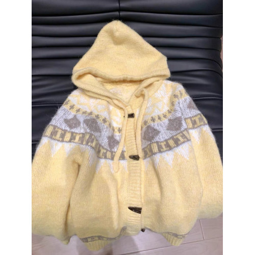 黃色費爾島毛衣女秋冬季加厚連帽外套2025新款復古牛角釦針織開衫 黃色費爾島毛衣女秋冬季加厚連帽外套2025新款復古牛角釦針織開衫