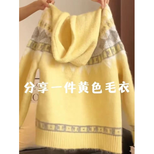 黃色費爾島毛衣女秋冬季加厚連帽外套2025新款復古牛角釦針織開衫 黃色費爾島毛衣女秋冬季加厚連帽外套2025新款復古牛角釦針織開衫