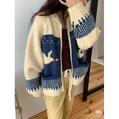 韓國chic秋冬新款復古減齡費爾島提花軟糯長袖針織開衫毛衣外套女